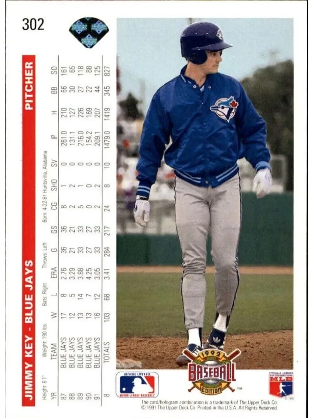 Jimmy Key 1992 Upper Deck MLB #302 Baseball Card Toronto Blue Jays